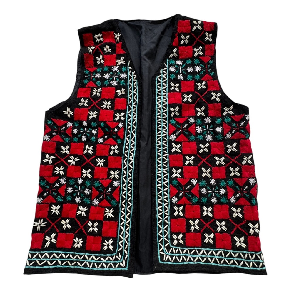 Handmade Embroidered Vest Womens Medium Black Red Teal Cowrie Shells Folk Art